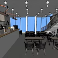 Modern Cafe Interior With Bar Counter Wooden Tables And Large Windows