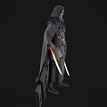Cloaked Woman In Feathered Cape Carrying Large Wooden Structure And Glowing Blades