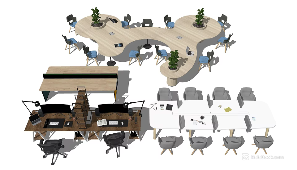 Modern Office Desks With Ergonomic Chairs Green Plants And Workstation Setup 3d model 