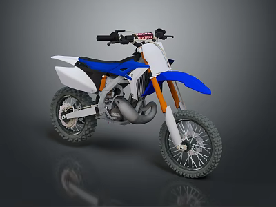 Blue And White Off Road Motorcycle Sporty Design With Rugged Tires And Orange Forks 3d model