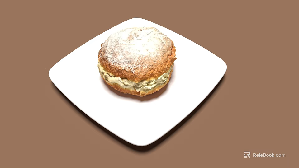 Fresh Bread Roll on White Square Plate with Powdered Surface and Creamy Green Filling 3d model 