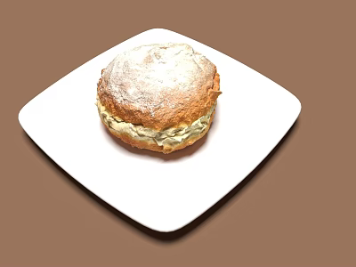 Fresh Bread Roll on White Square Plate with Powdered Surface and Creamy Green Filling 3d model