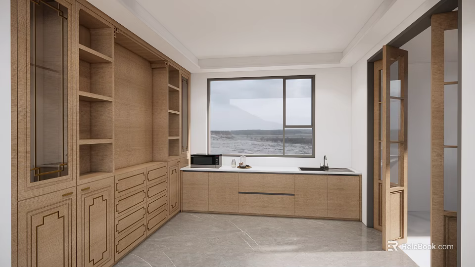 Modern Kitchen Interior With Wooden Cabinets Open Shelves And Sea View Window 3d model 