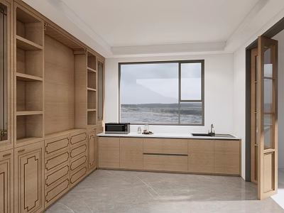 Modern Kitchen Interior With Wooden Cabinets Open Shelves And Sea View Window 3d model
