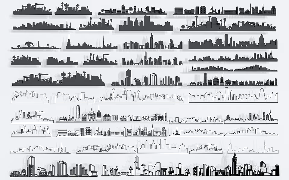Artistic Black and White City Skyline Silhouette Wall Decor Patterns 3d model