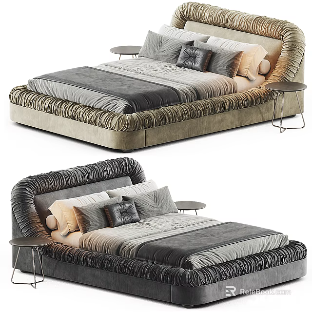 Modern Elegant Double Bed Design With Upholstered Headboard Soft Bedding Side Tables And Decorative Pillows 3d model 