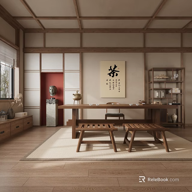 Japanese Traditional Tea Room Interior Design With Wooden Table Benches And Calligraphy Artwork 3d model 