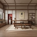 Japanese Traditional Tea Room Interior Design With Wooden Table Benches And Calligraphy Artwork