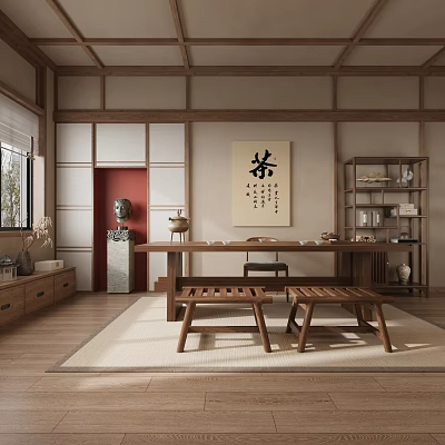 Japanese Traditional Tea Room Interior Design With Wooden Table Benches And Calligraphy Artwork 3d model