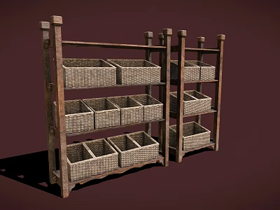 Rustic Wooden Display Shelves With Multi Tiered Woven Storage Baskets 3d model