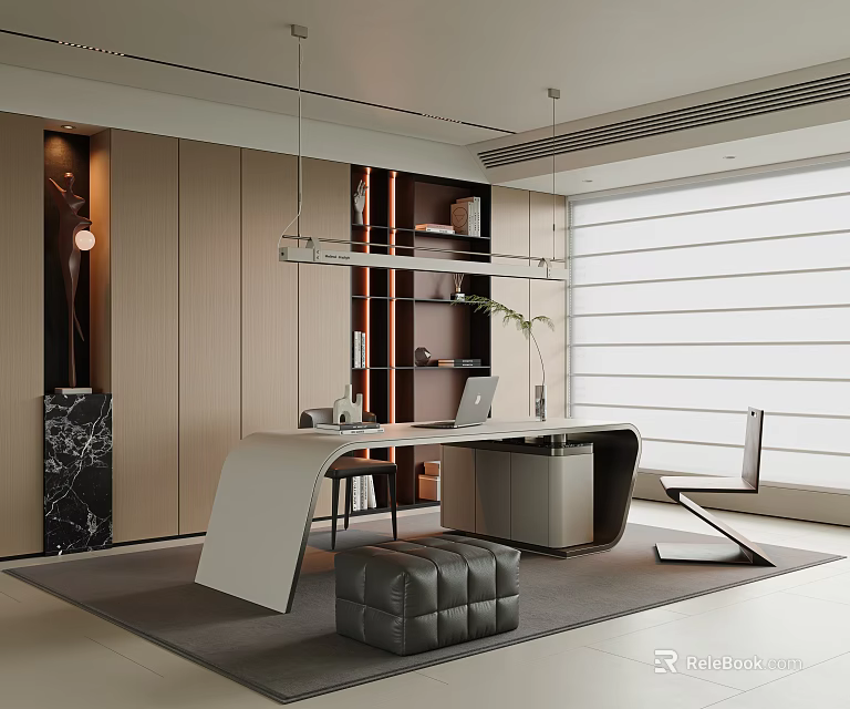 Modern Home Office with Curved White Desk Built in Bookshelves Pendant Lights And Leather Pouf 3d model 