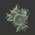 Stone and Wood Crafted Miniature Landscape with Circular Structure and Green Areas