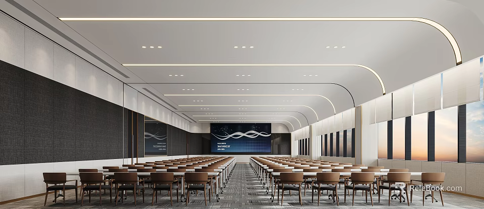 Modern Conference Room With Neatly Arranged Chairs And Front Backdrop Wall Design 3d model 