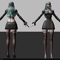3D Female Character with Light Blue Hair Gray Dress Stockings High Heels Front Back View