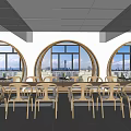 Sales Office Interior Featuring Circular Windows City View Chairs and Mirrored Floor Design