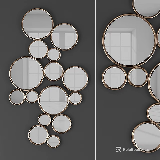 Circular Mirrors With Gold Frames In Multiple Sizes As Gray Wall Decor 3d model 