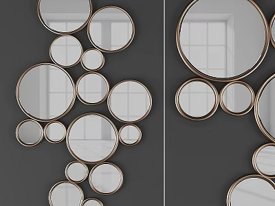 Circular Mirrors With Gold Frames In Multiple Sizes As Gray Wall Decor 3d model