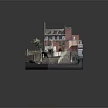Cartoon Style Detailed Red Brick Building Scene With Chimney Garden And Staircase