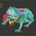 Colorful Reptile with Turquoise Body Yellow Eyes Extended Pink Tongue and Decorative Necklace Backpack Structure