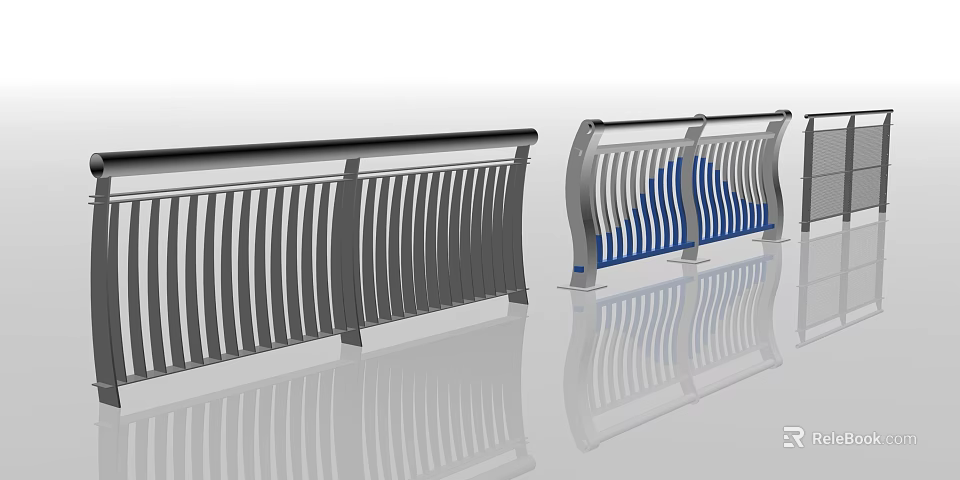 Modern Gray And Silver Railings With Vertical Slats And Blue Accents 3d model 