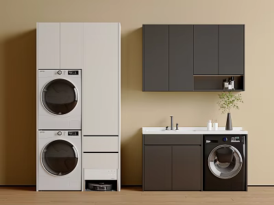 Modern Balcony Cabinet Combination With Washing Machine Dryer Sink And Wall Cabinets 3d model