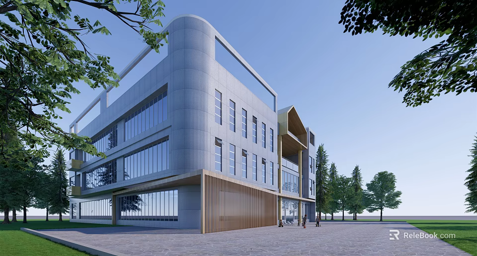 Modern School Building With Large Glass Windows Wooden Elements And Open Square 3d model 