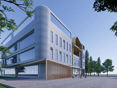 Modern School Building With Large Glass Windows Wooden Elements And Open Square 3d model
