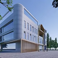 Modern School Building With Large Glass Windows Wooden Elements And Open Square