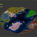 Detailed Circular City Water Miniature Model with Buildings Boats Islands Greenery and Wind Turbines