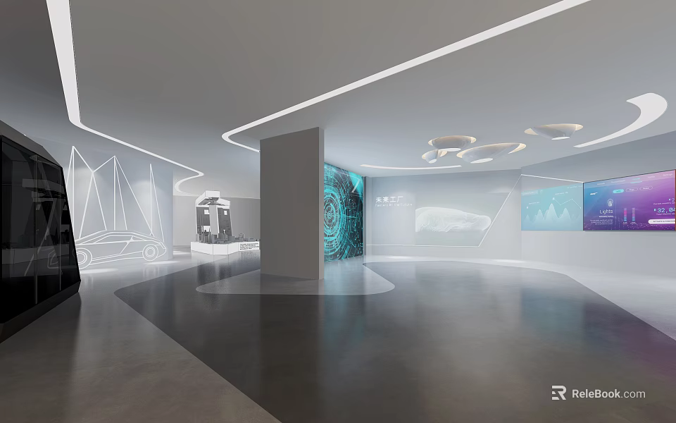 Modern Exhibition Hall Interior Design With Contemporary Lighting And Digital Wall Displays 3d model 