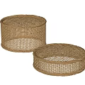 Two Round Rattan Stools With Woven Texture In Natural Tone Different Sizes