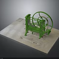 Green Mechanical Equipment with Large Circular Wheel and Metal Frame on Gray Platform
