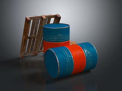 Vintage Wooden Pallet With Blue And Red Barrels In Industrial Scene 3d model
