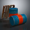 Vintage Wooden Pallet With Blue And Red Barrels In Industrial Scene
