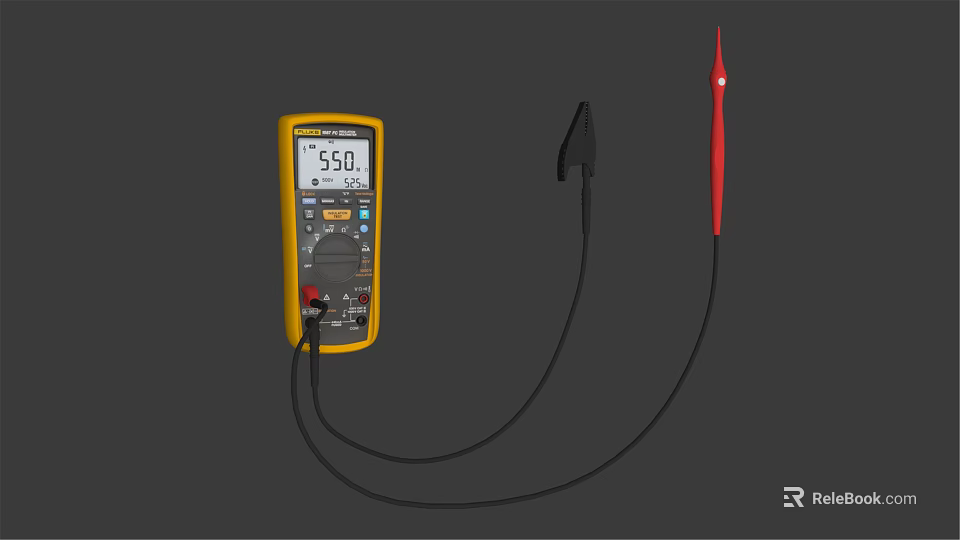Industrial Digital Multimeter With Yellow Casing Screen Showing 55.0 Reading And Black Red Test Probes 3d model 