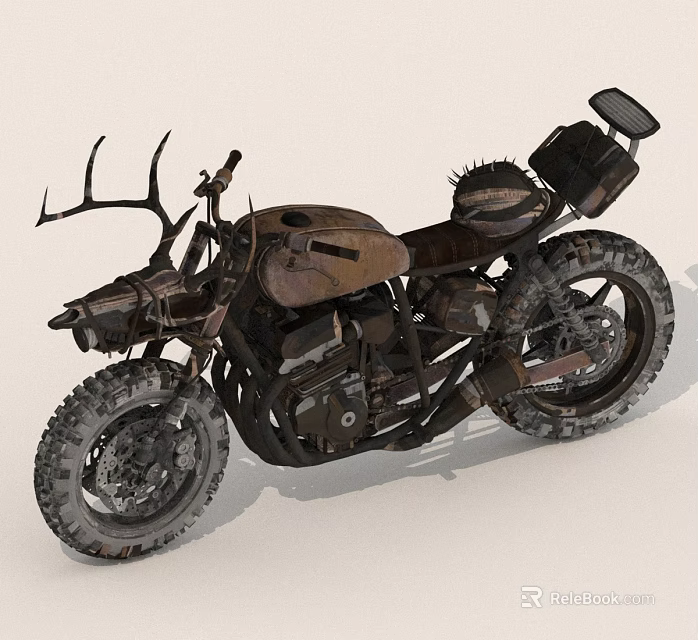 Custom Vintage Motorcycle With Antler Handlebars And Weathered Metal Body 3d model 
