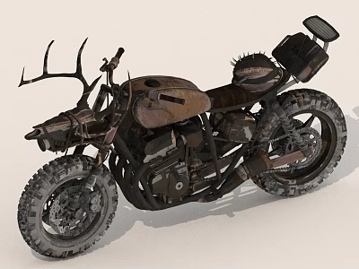 Custom Vintage Motorcycle With Antler Handlebars And Weathered Metal Body 3d model
