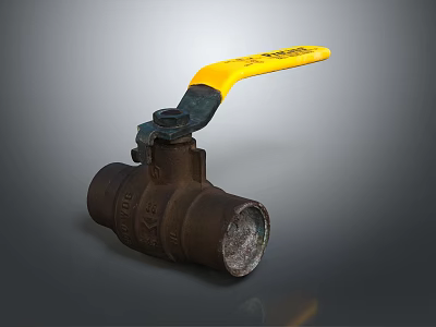 Rusty Ball Valve Featuring Yellow Handle With Black Text And Old Metallic Body 3d model