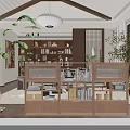 Modern Japanese Dining Living Room Interior With Wooden Ceiling Pendant Light And Bookshelf