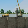 Construction Site With Crane Lifting Reinforcement Cage Over Excavated Pit And Concrete Mixer