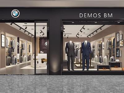 Modern Men's Clothing Store in Shopping Mall with Window Mannequins and Suits 3d model