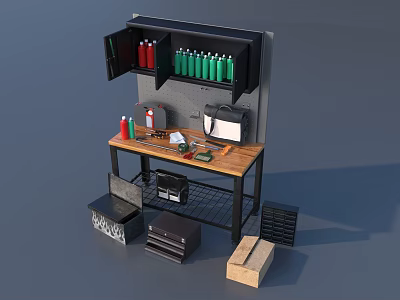 Workbench With Wooden Top Wall Cabinet Red Green Bottles Tools Storage Boxes And Metal Shelf 3d model