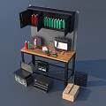 Workbench With Wooden Top Wall Cabinet Red Green Bottles Tools Storage Boxes And Metal Shelf