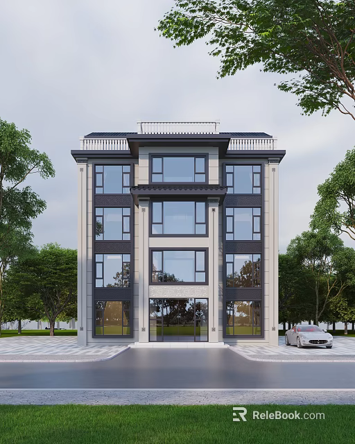 Elegant Detached Villa With Stone Facade Large Windows Green Surroundings And Parking Area 3d model 