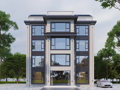 Elegant Detached Villa With Stone Facade Large Windows Green Surroundings And Parking Area 3d model
