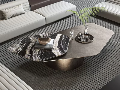 Modern Irregular Marble Coffee Table In Living Room With Sofa Decorative Tray And Green Plant 3d model