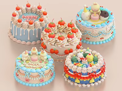Colorful Decorated Celebration Cakes With Fresh Strawberries Cream And Cute Toppers 3d model