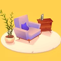 Cozy Purple Single Sofa with Blue Cushion beside Potted Plant Side Table and Photo Frame