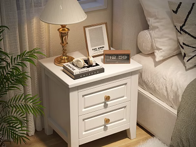White Double Drawer Nightstand With Golden Handles Gold Lamp Photo Frame And Clock Beside Bed 3d model