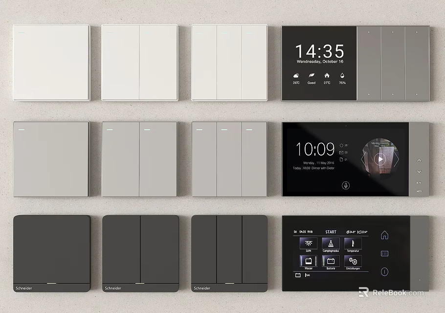 Modern Smart Switch Panels In White Gray Black With Digital Display And Control Functions 3d model 